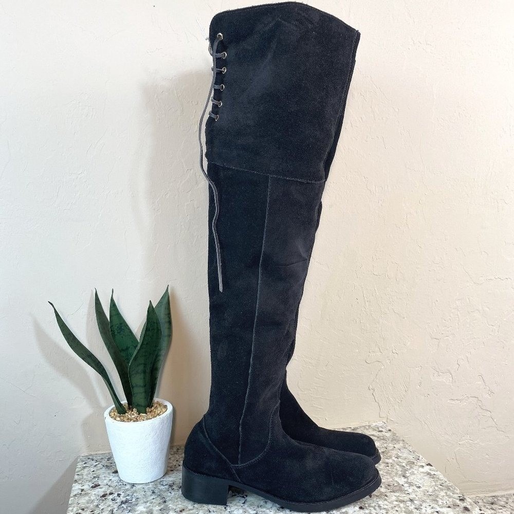 Womens Black Suede Over The Knee Boots Lace Up Back Block Heel Size 8 - Picture 1 of 6